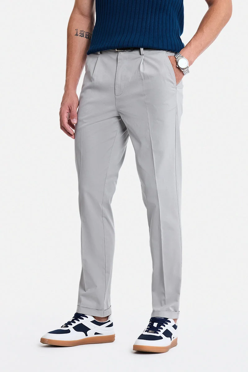 SNITCH Light Grey Solid Slim Fit Casual Chinos