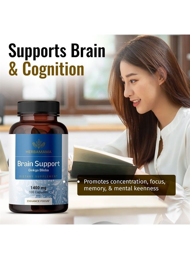 HERBAMAMA Brain Supplement - Nootropic Supplement to Support Cognitive Function, Memory, Mental Focus, Energy - Natural, Non-GMO, Vegan Formula - Ginkgo Biloba, Ginseng, Bacopa - 1400mg, 100 Capsules - Image 1