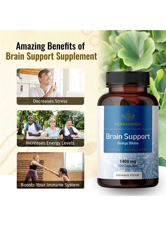 HERBAMAMA Brain Supplement - Nootropic Supplement to Support Cognitive Function, Memory, Mental Focus, Energy - Natural, Non-GMO, Vegan Formula - Ginkgo Biloba, Ginseng, Bacopa - 1400mg, 100 Capsules - Image 2