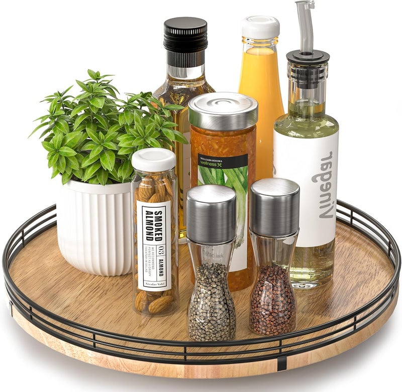 AMH 13" Lazy Susan Oak Wood Turntable Organizer for Cabinet, Farmhouse Round Wooden Lazy Susan Organization and Storage for Dining Table, Pantry, Kitchen, Bathroom, Countertop, Cupboard, Home Decor - Image 1