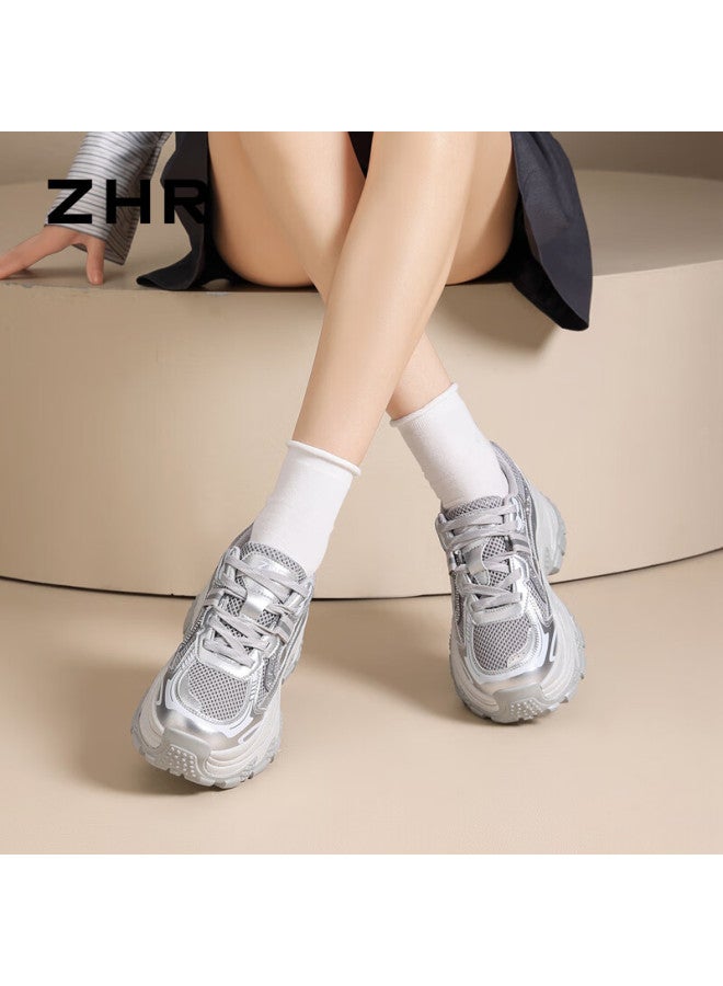Zhr Women's Dad Sneakers Spring Autumn Lightweight Thick Sole New Casual Sports Shoes Id53 Silver Size 36 - Image 2