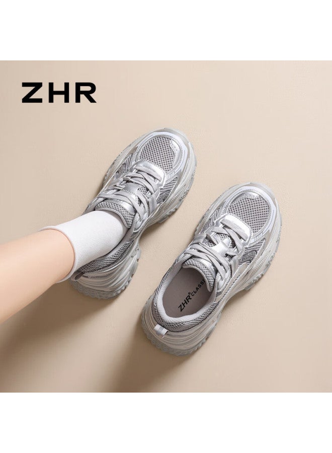 Zhr Women's Dad Sneakers Spring Autumn Lightweight Thick Sole New Casual Sports Shoes Id53 Silver Size 36 - Image 1
