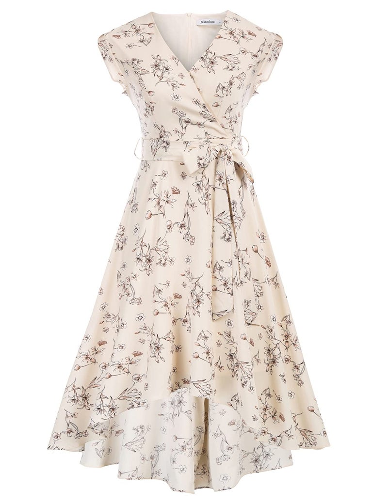 JASAMBAC Wedding Guest Dress for Women High Low Semi Formal Church Dress Floral Boho Bridal Shower Dress Floral White L - Image 1