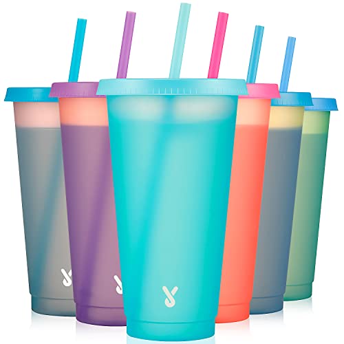 Meoky Plastic Cute Cold Cups with Lids and Straws Bulk for Iced Coffee - 6 Pack 24 oz Color Changing Reusable for Adults Kid Women Party - Image 1