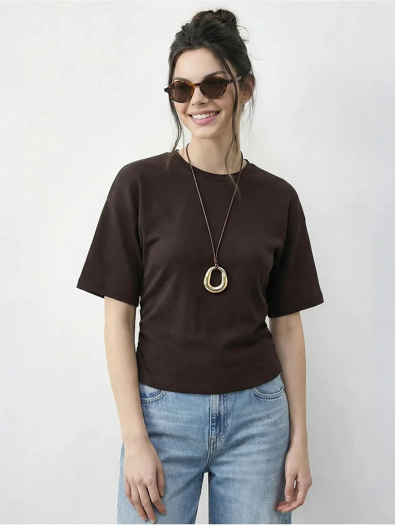 Bianco Lucci Dark Mocha Brown LUCCI Regular Fit Crew Neck T-Shirt for Women | Best Price UAE