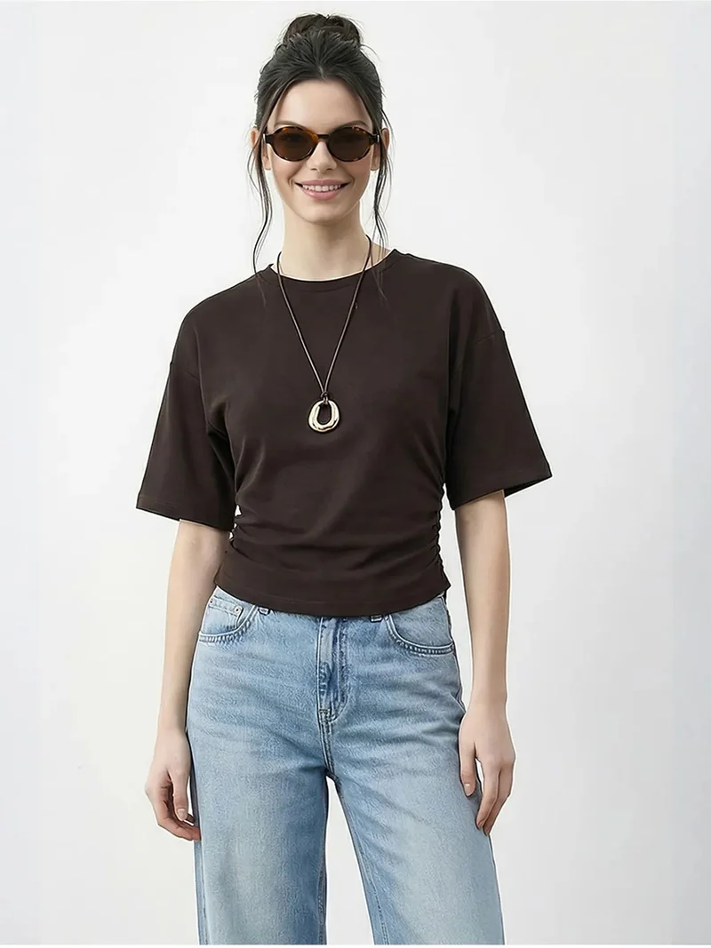 Bianco Lucci Dark Mocha Brown LUCCI Regular Fit Crew Neck T-Shirt for Women | Best Price UAE