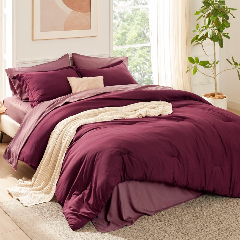 Bedsure King Size Comforter Set - 7 Pieces Burgundy King Bedding Set for All Seasons, Boho Contrasting Design Bed in a Bag with Comforter, Sheets, Pillowcases & Shams - Image 1