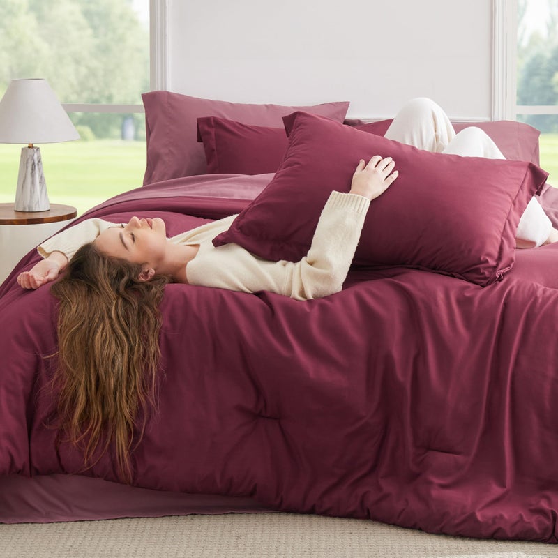 Bedsure King Size Comforter Set - 7 Pieces Burgundy King Bedding Set for All Seasons, Boho Contrasting Design Bed in a Bag with Comforter, Sheets, Pillowcases & Shams - Image 2