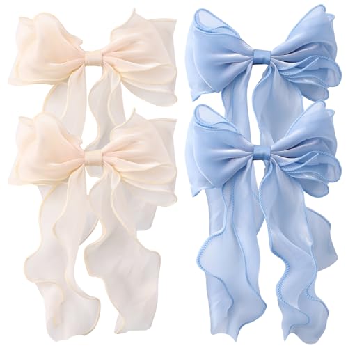 HLTOO 4PCS Big Ribbon Hair Bows, Oversized Long-tail Hair Clips, Large Hair Barrettes, for Women and Girls Hair Styling Accessories, Champagne and Blue - Image 1