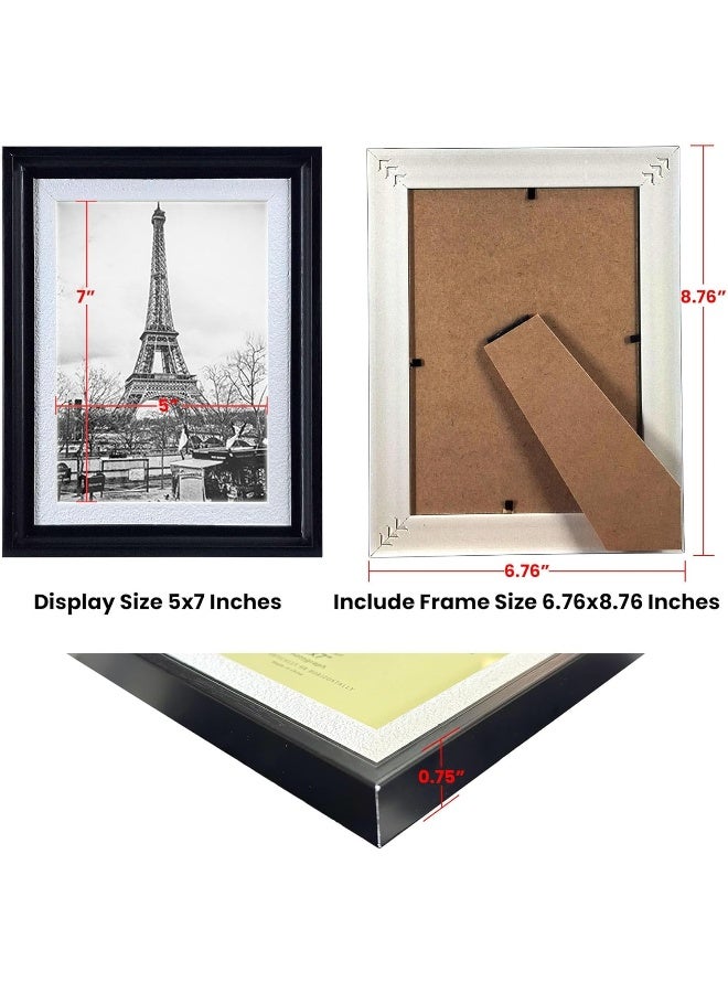 DECORHILLS FRAMES & DECOR Photo Documents, Real Glass, PVC, with Slightly Textured White Inner Black Outer Border, Tabletop Wall Display, 5x7 Inch Pack of 4