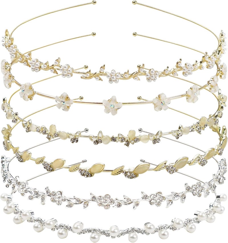 Luckam 6 عبوات من أساور رأس زهور كريستالية، أساور شعر لؤلؤ صناعي، إكسسوارات رأس مرصعة بالأحجار الكريمة، أساور شعر مزينة بالخيوط، إكسسوارات شعر معدنية لحفلات الزفاف للنساء والفتيات والمراهقات - Image 1
