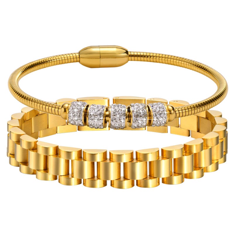 MPRAINBOW سوار سلسلة ذهبية للنساء من MPRAINBOW - مجموعة أساور 2 قطعة سوار ثعبان مع زركونيا مكعبة وسوار سلسلة، سوار صداقة، سوار ساعة مع أداة ضبط - Image 1