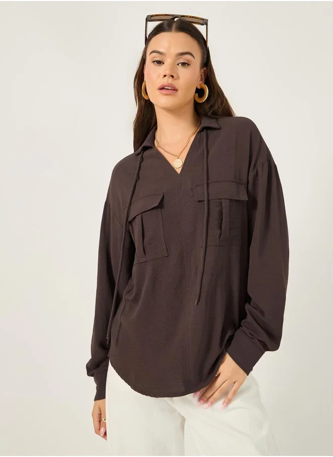 ستايلي Solid V Neck Blouse with Utility Pockets Detail