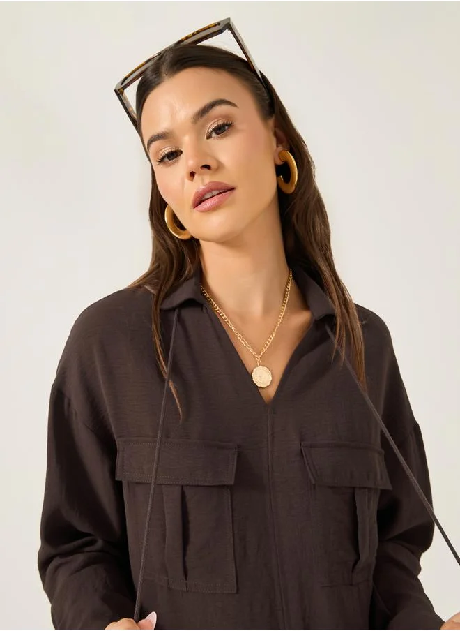 ستايلي Solid V Neck Blouse with Utility Pockets Detail