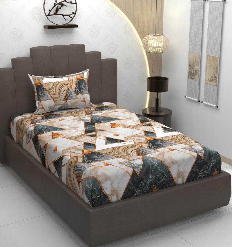 TIB Glace Cotton Elastic Fitted Bedsheets Single Bed 36x78x8 Inches with 1 Pillow Covers, 210TC (Multi Triangle, Single) - Image 1