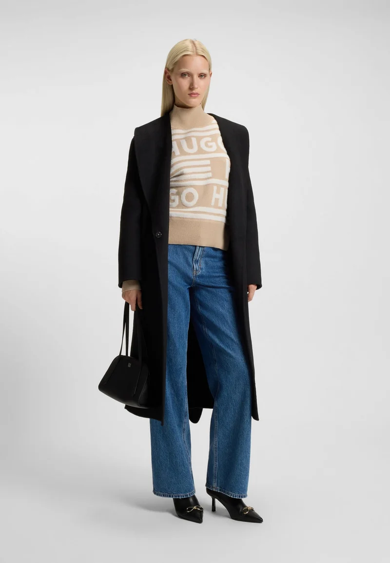 HUGO Open Beige Logo-jacquard oversized-fit sweater with mock neckline for Women | Best Price UAE