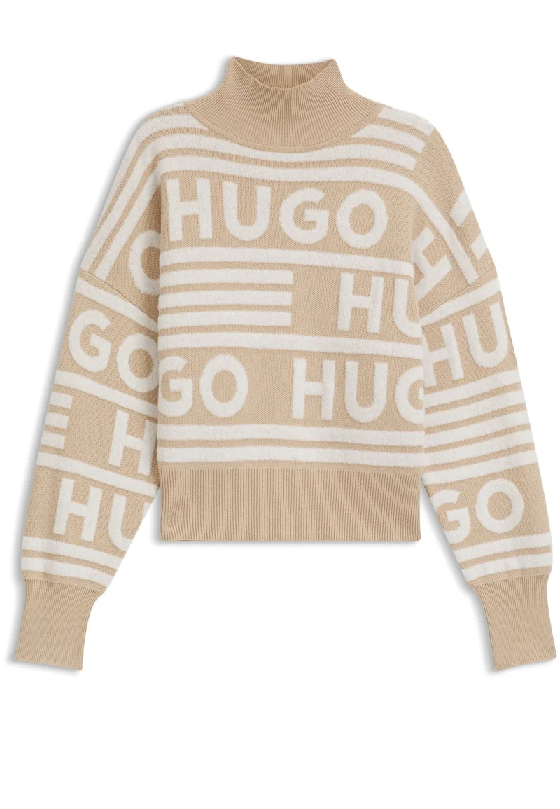 HUGO Open Beige Logo-jacquard oversized-fit sweater with mock neckline for Women | Best Price UAE