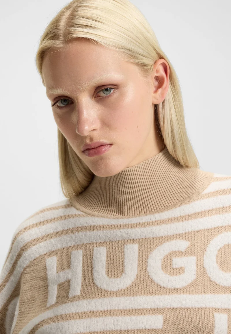 HUGO Open Beige Logo-jacquard oversized-fit sweater with mock neckline for Women | Best Price UAE