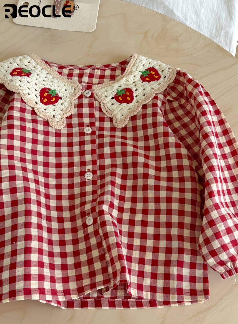 ريوكل قميص بناتي مُربّع بتطريز فراولة بأكمام طويلة وياقة كروشيه قطعة ملابس ساحرة ومريحة للصغيرات - Image 3