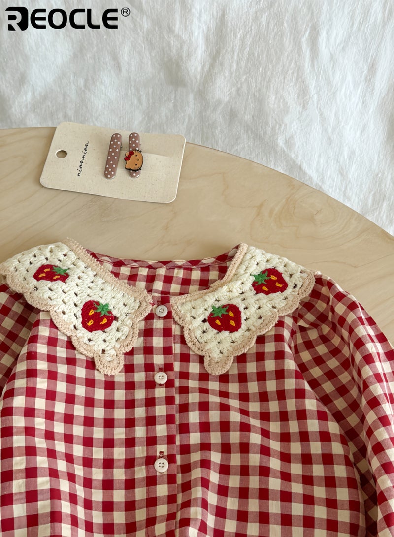 ريوكل قميص بناتي مُربّع بتطريز فراولة بأكمام طويلة وياقة كروشيه قطعة ملابس ساحرة ومريحة للصغيرات - Image 4