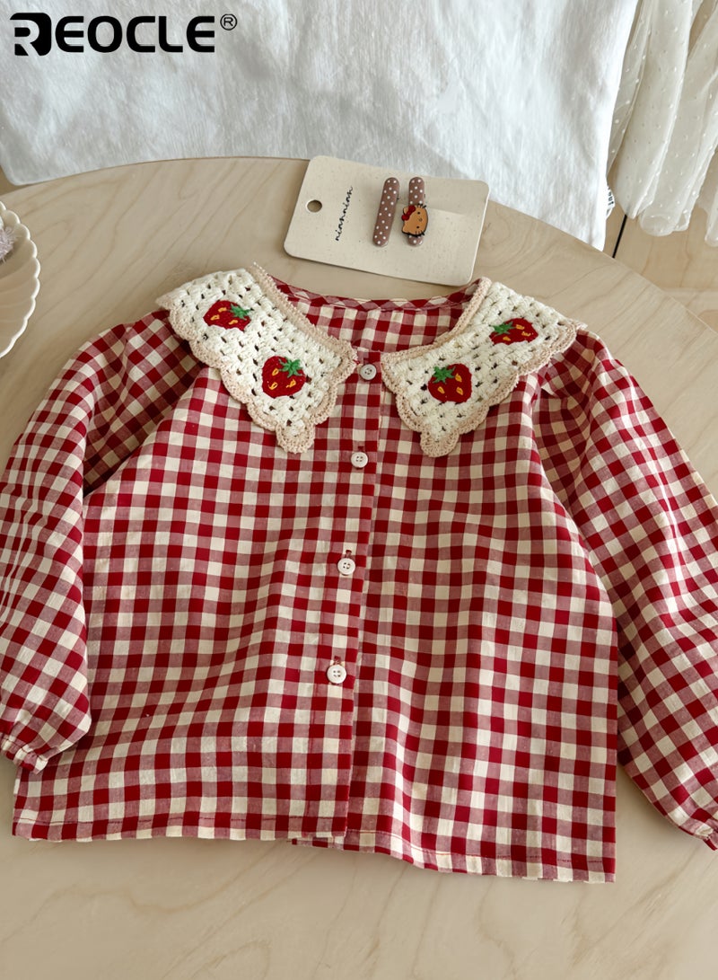 ريوكل قميص بناتي مُربّع بتطريز فراولة بأكمام طويلة وياقة كروشيه قطعة ملابس ساحرة ومريحة للصغيرات - Image 2