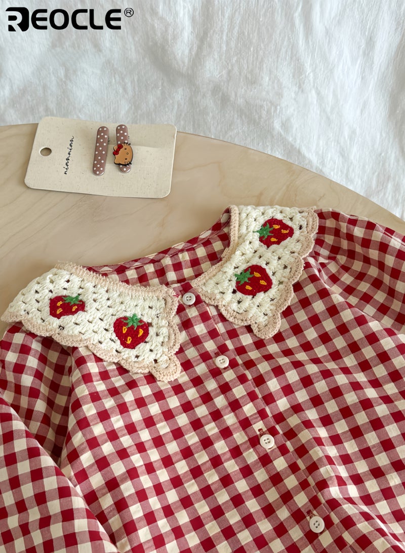ريوكل قميص بناتي مُربّع بتطريز فراولة بأكمام طويلة وياقة كروشيه قطعة ملابس ساحرة ومريحة للصغيرات - Image 5