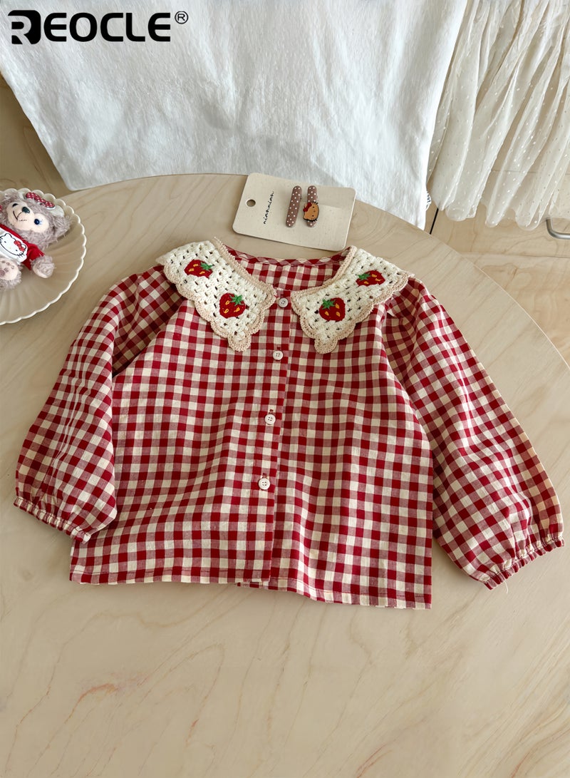 ريوكل قميص بناتي مُربّع بتطريز فراولة بأكمام طويلة وياقة كروشيه قطعة ملابس ساحرة ومريحة للصغيرات - Image 1