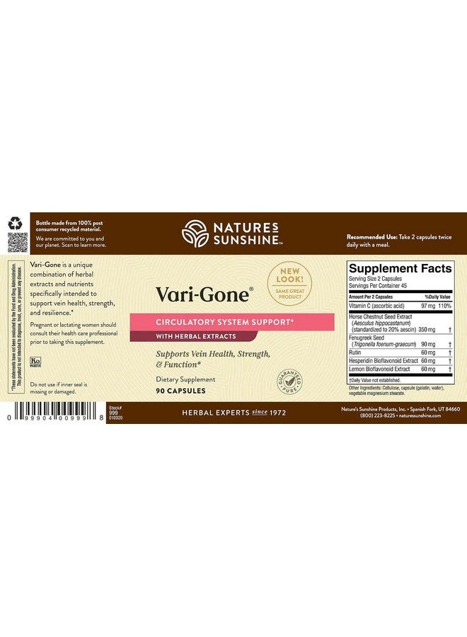 Nature's Sunshine Vari-Gone, 90 Capsules, Varicose Vein Supplements with 7 Powerful Herbs and Nutrients That Support Circulation for Vein Health, Strength, and Function - Image 4