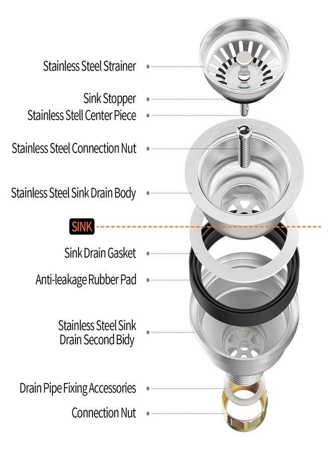 KONE Sink Drain Assembly, Kitchen Sink Drain Strainer Kit with Removable Strainer Basket Stopper, Universal fit USA Home/Commercial 3-1/2 Inch Standard Sink Drain Hole (Stainless Steel) - Image 5