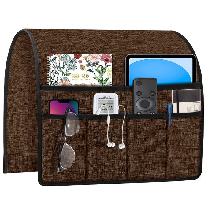 Recliner Organizer with 6 Pockets Armchair Caddy Remote Control Holder for Couch Armrest Organiser Non Slip Sofa Arm Chair Caddie Storage for Magazine Tablet Phone iPad Brown