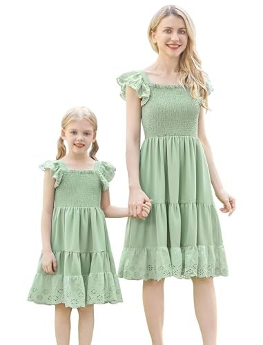 AWIBMK Mommy and Me Dress Boho Summer Casual Holiday Mother Daughter Matching Ruffle Sleeve Aline Tiered Smocked Dress Green XXL - Image 1