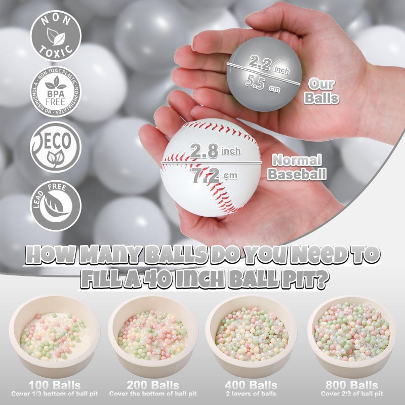 GOGOSO Ball Pit Balls for Toddler Baby Plastic Playballs Kids Soft Pastel Pelotas NonToxic BPAFree GrayPearl Gary White 100 Balls - Image 3