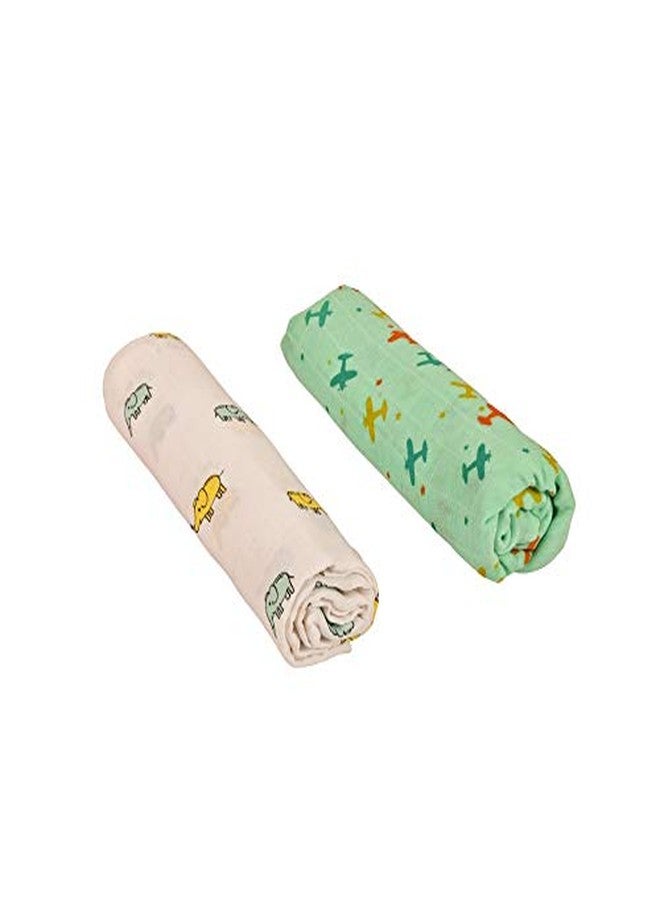 Plush Kids لفافة قماط قطنية موسلين فاخرة للأطفال من Plush Kids، عبوة من قطعتين (115 × 115 سم، من 0 إلى 6 أشهر، تصميم بطبعة طائرة وفيل) - Image 2
