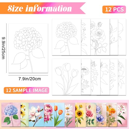 GLASSWINDS 12Pcs 8 x 10 Inch Pre Drawn Canvas to Paint for Adults, Pre Printed Canvases for Painting, Prepare Printed Canvas Set Sip and Paint Kit for Paints Party Favors(Flower) - Image 2