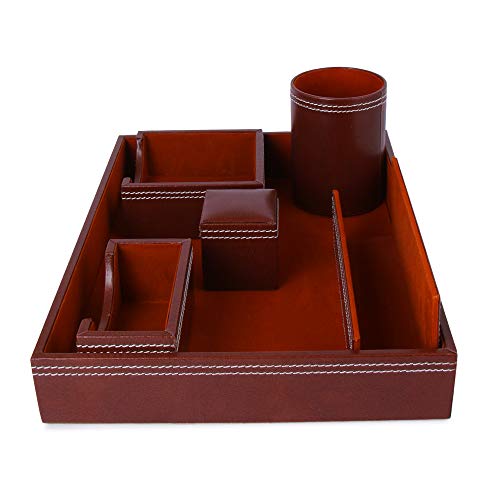 Rasper Genuine Leather Multipurpose Desk Organizer 6-in-1 Desktop Pen Stand Set With Business Card Mobile Holder & Remote Stand for Office Desk Table Storage Organizer Box 12.75x9 Inches (Tan) - Image 4