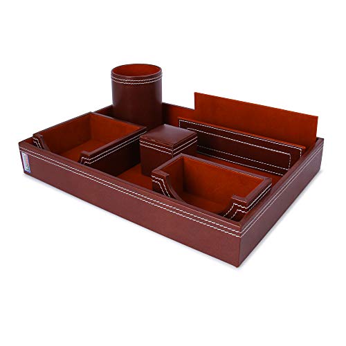 Rasper Genuine Leather Multipurpose Desk Organizer 6-in-1 Desktop Pen Stand Set With Business Card Mobile Holder & Remote Stand for Office Desk Table Storage Organizer Box 12.75x9 Inches (Tan) - Image 3