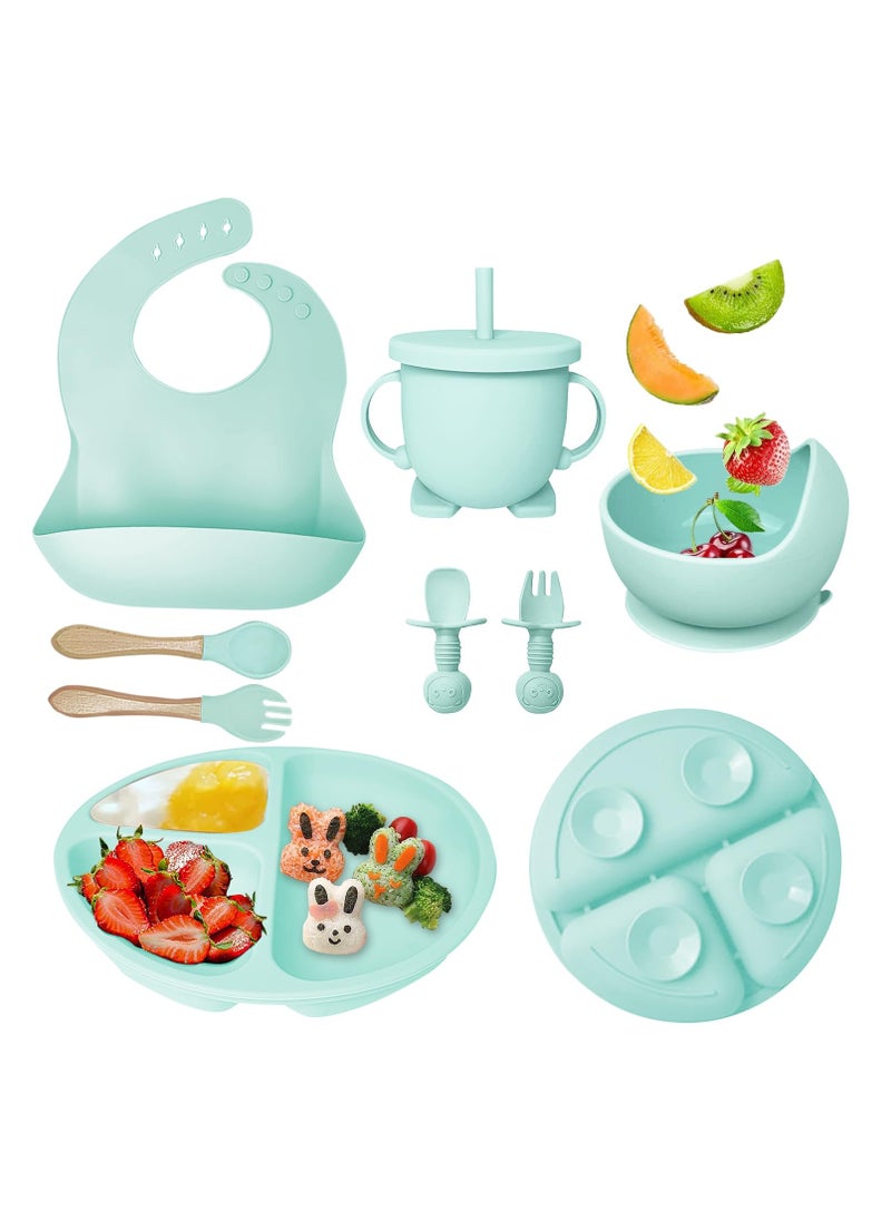 iMissiu Baby Feeding Set 9 Piece, Baby Led Weaning Utensils Set Includes Suction Bowl and Plate, Baby Spoon and Fork, Sippy Cup with Straw and Lid, Baby Feeding Supplies  - Image 1