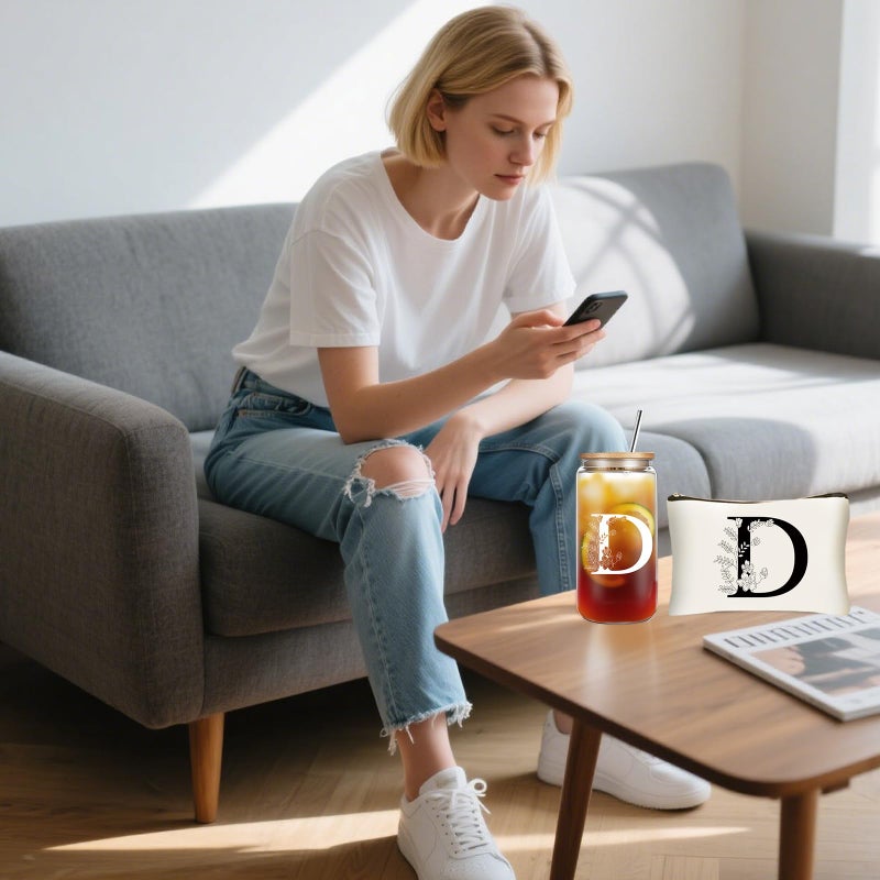 DHQH Unique Initial Glass Cup with Lids and Straws, Monogrammed Gifts Box Included Makeup Bag, Valentines Day Mothers Dayâ€…Birthday Gifts for Women Mom Sister Grandma, D - Image 4