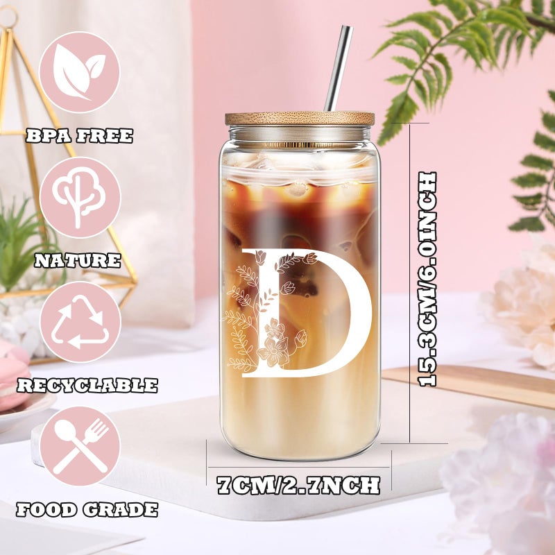 DHQH Unique Initial Glass Cup with Lids and Straws, Monogrammed Gifts Box Included Makeup Bag, Valentines Day Mothers Dayâ€…Birthday Gifts for Women Mom Sister Grandma, D - Image 2