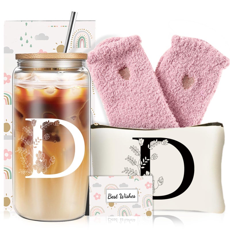 DHQH Unique Initial Glass Cup with Lids and Straws, Monogrammed Gifts Box Included Makeup Bag, Valentines Day Mothers Dayâ€…Birthday Gifts for Women Mom Sister Grandma, D - Image 1