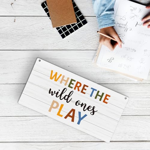 Huester Where the Wild Ones Play Wooden Wall Sign, 6x12 inches, White & Brown, Rustic Style, Playroom Decor - Image 5