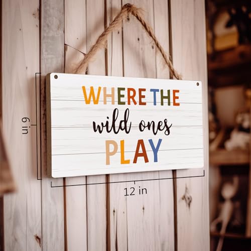 Huester Where the Wild Ones Play Wooden Wall Sign, 6x12 inches, White & Brown, Rustic Style, Playroom Decor - Image 3