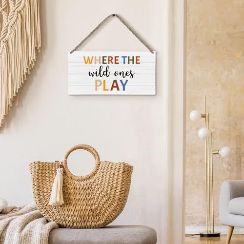 Huester Where the Wild Ones Play Wooden Wall Sign, 6x12 inches, White & Brown, Rustic Style, Playroom Decor - Image 4