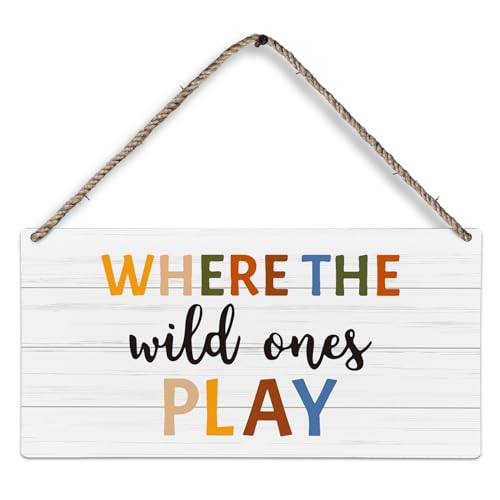 Huester Where the Wild Ones Play Wooden Wall Sign, 6x12 inches, White & Brown, Rustic Style, Playroom Decor - Image 1