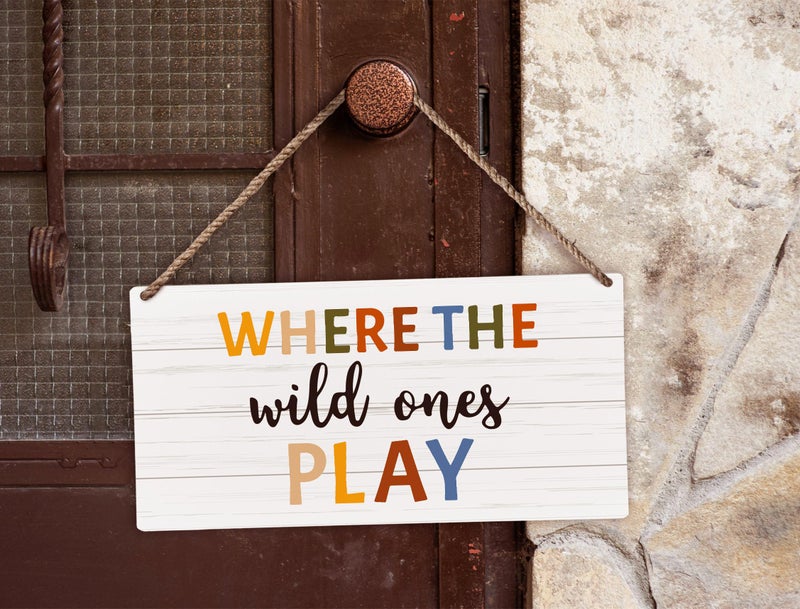 Huester Where the Wild Ones Play Wooden Wall Sign, 6x12 inches, White & Brown, Rustic Style, Playroom Decor - Image 2