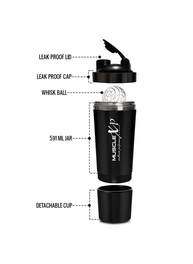 MuscleXP Gym Shaker Classic Xp Mixer Stainless Steel Shaker Blender With Storage, 100% Leakproof Guarantee, 591 Ml + 200Ml For Protein, Pre Workout And Bcaas, Bpa Free Material + Spring Ball (Black)  - Image 2