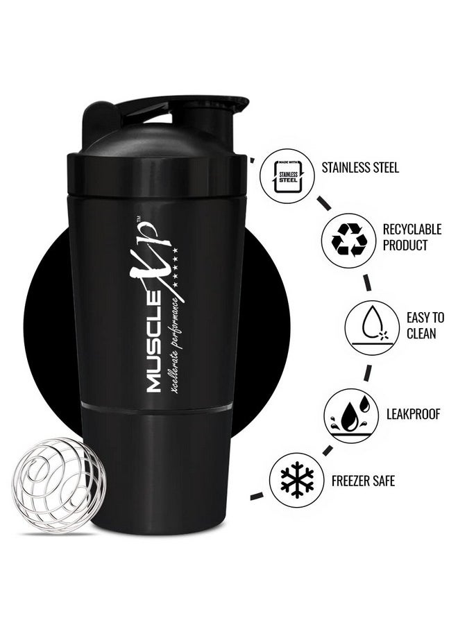 MuscleXP Gym Shaker Classic Xp Mixer Stainless Steel Shaker Blender With Storage, 100% Leakproof Guarantee, 591 Ml + 200Ml For Protein, Pre Workout And Bcaas, Bpa Free Material + Spring Ball (Black)  - Image 3