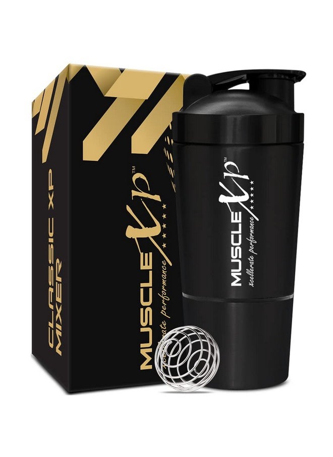 MuscleXP Gym Shaker Classic Xp Mixer Stainless Steel Shaker Blender With Storage, 100% Leakproof Guarantee, 591 Ml + 200Ml For Protein, Pre Workout And Bcaas, Bpa Free Material + Spring Ball (Black)  - Image 1