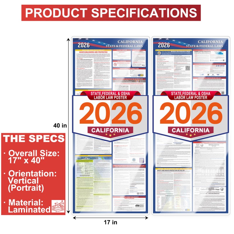 Rsgift 2026 California State and Federal Labor Laws Poster Set- OSHA Compliant UV Waterproof Laminated 17" x 40" English Version 2PCS Folded - All in One Compliance Posting - Image 2