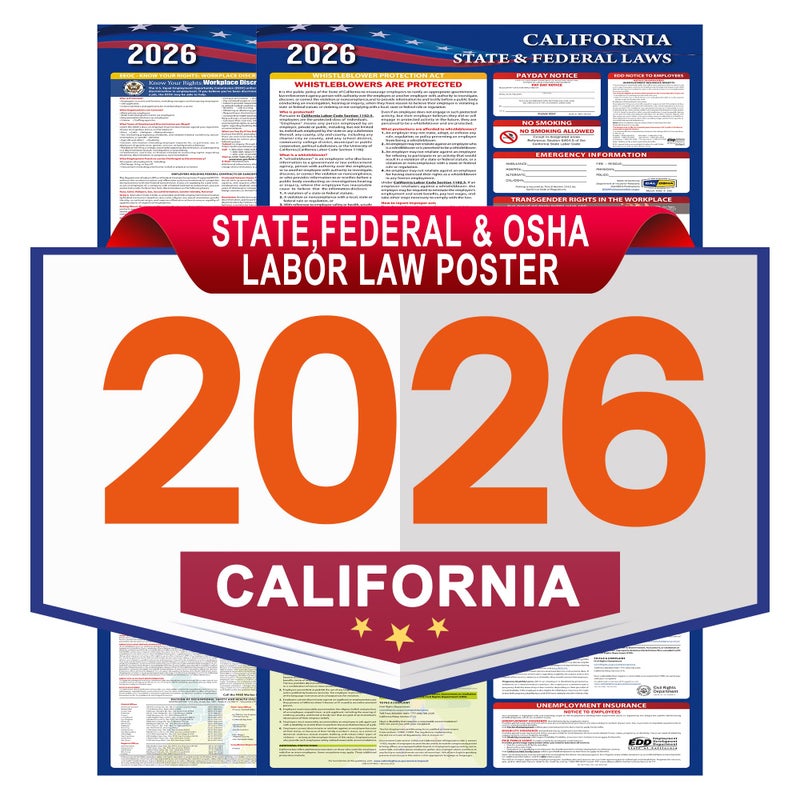 Rsgift 2026 California State and Federal Labor Laws Poster Set- OSHA Compliant UV Waterproof Laminated 17" x 40" English Version 2PCS Folded - All in One Compliance Posting - Image 1